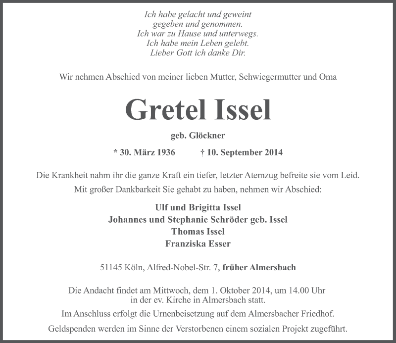 Traueranzeigen Von Gretel Issel Rz Trauer De