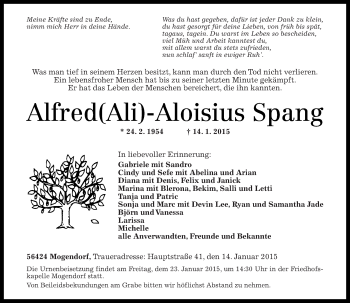 Traueranzeigen Von Alfred Aloisius Spang Rz Trauer De