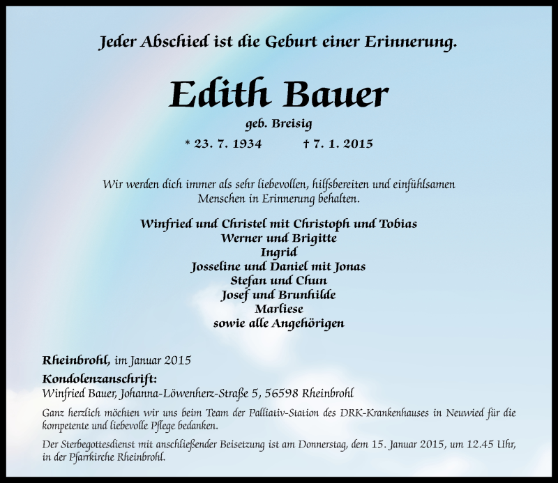 Traueranzeigen Von Edith Bauer Rz Trauer De