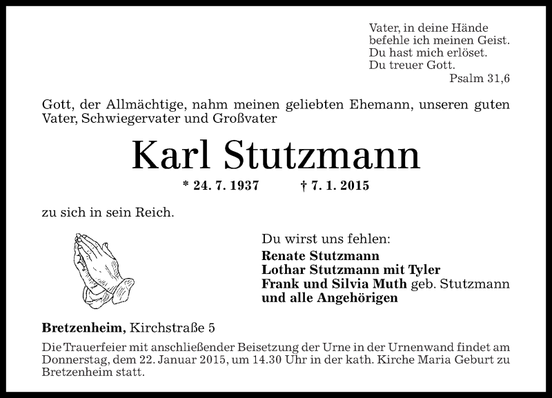 Traueranzeigen Von Karl Stutzmann Rz Trauer De