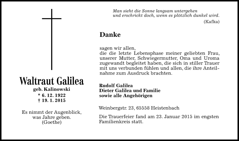 Traueranzeigen Von Waltraut Galilea Rz Trauer De