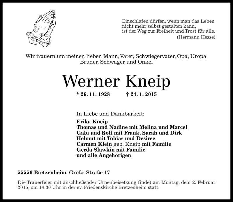 Traueranzeigen Von Werner Kneip Rz Trauer De