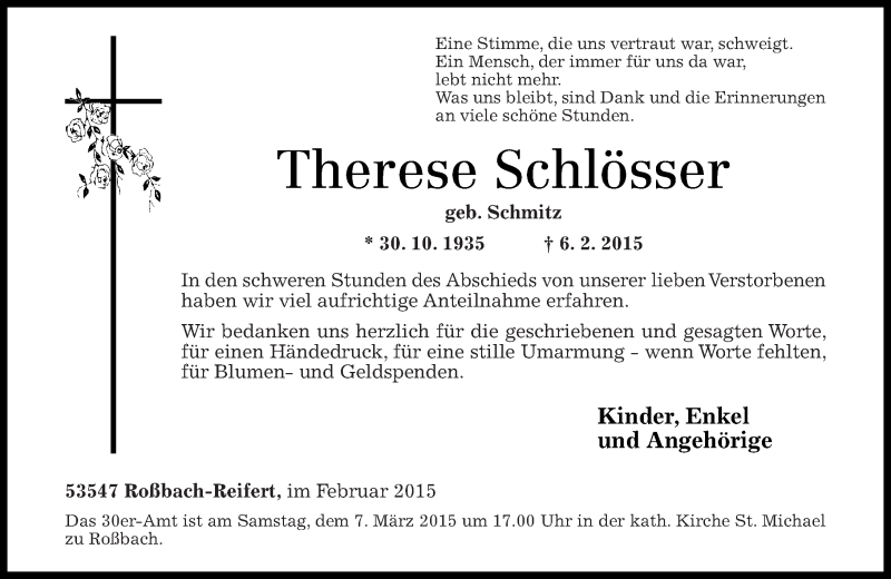 Traueranzeigen Von Therese Schl Sser Rz Trauer De