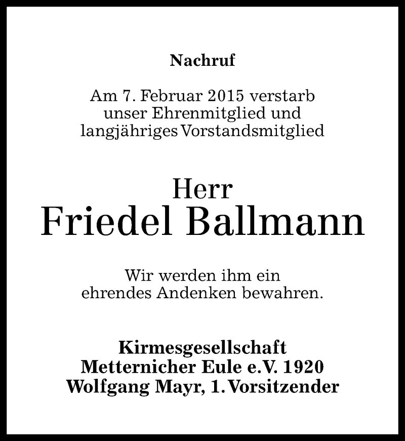 Traueranzeigen Von Friedel Ballmann Rz Trauer De