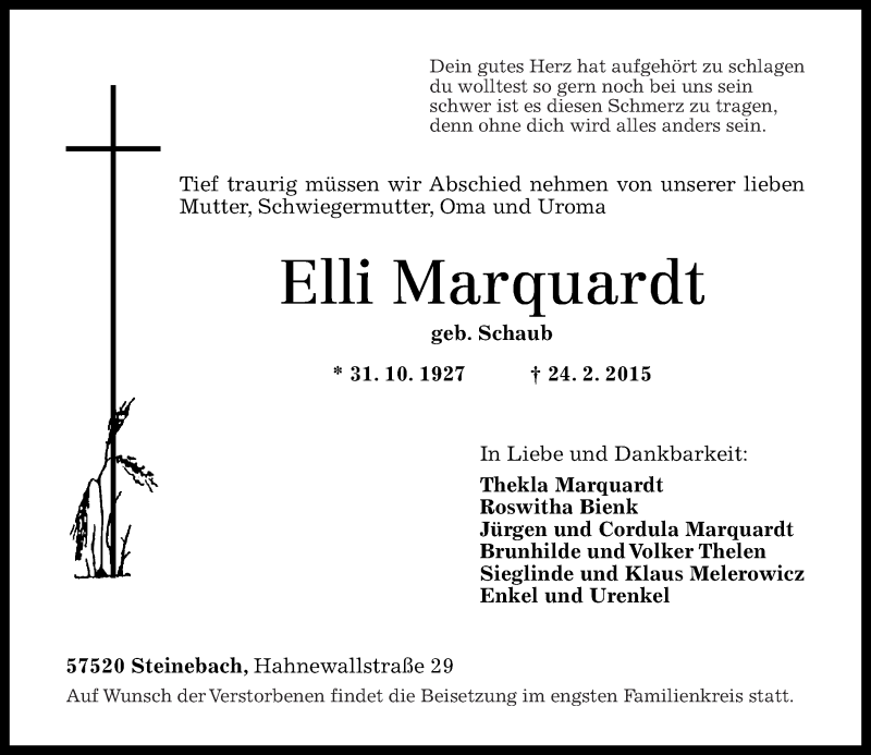 Traueranzeigen Von Elli Marquardt Rz Trauer De