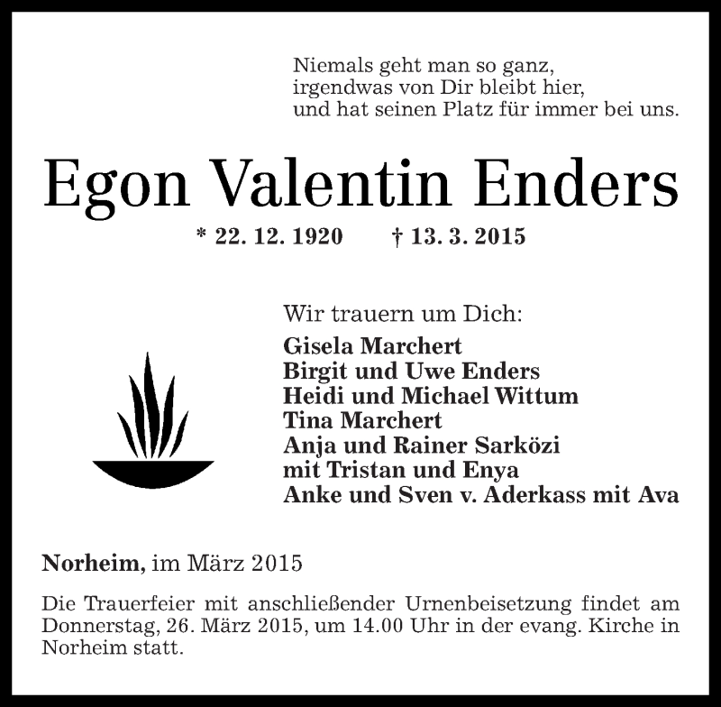 Traueranzeigen Von Egon Valentin Enders Rz Trauer De