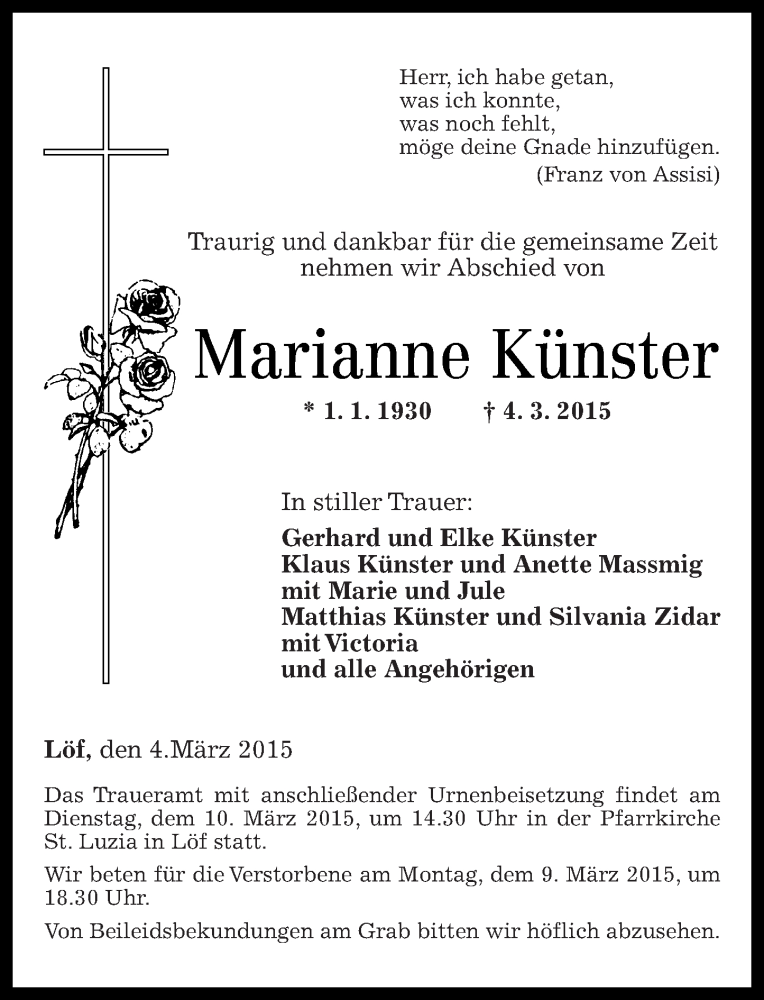 Traueranzeigen Von Marianne K Nster Rz Trauer De