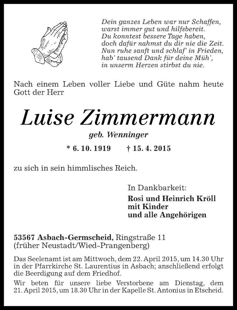 Traueranzeigen Von Luise Zimmermann Rz Trauer De