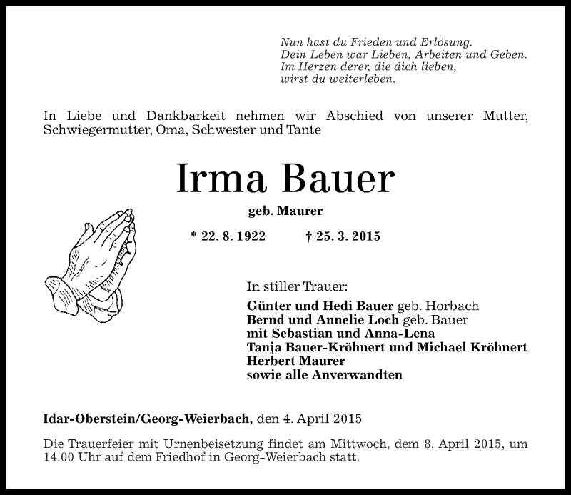 Traueranzeigen Von Irma Bauer Rz Trauer De