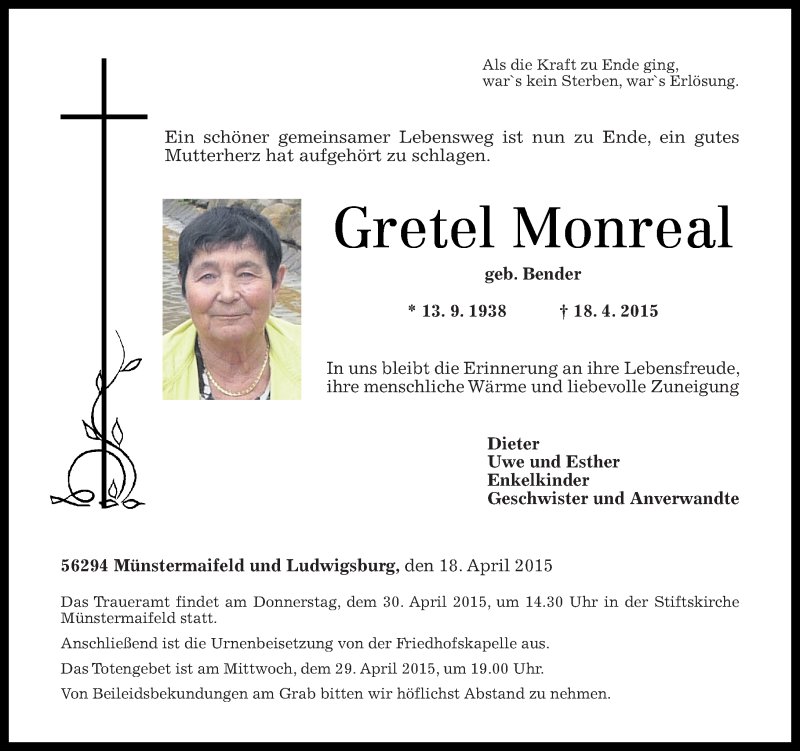 Traueranzeigen Von Gretel Monreal Rz Trauer De