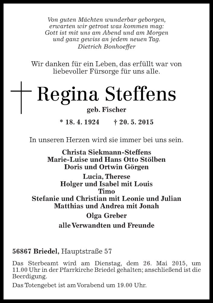 Traueranzeigen Von Regina Steffens Rz Trauer De