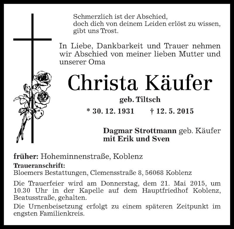 Traueranzeigen von Christa Käufer rz trauer de