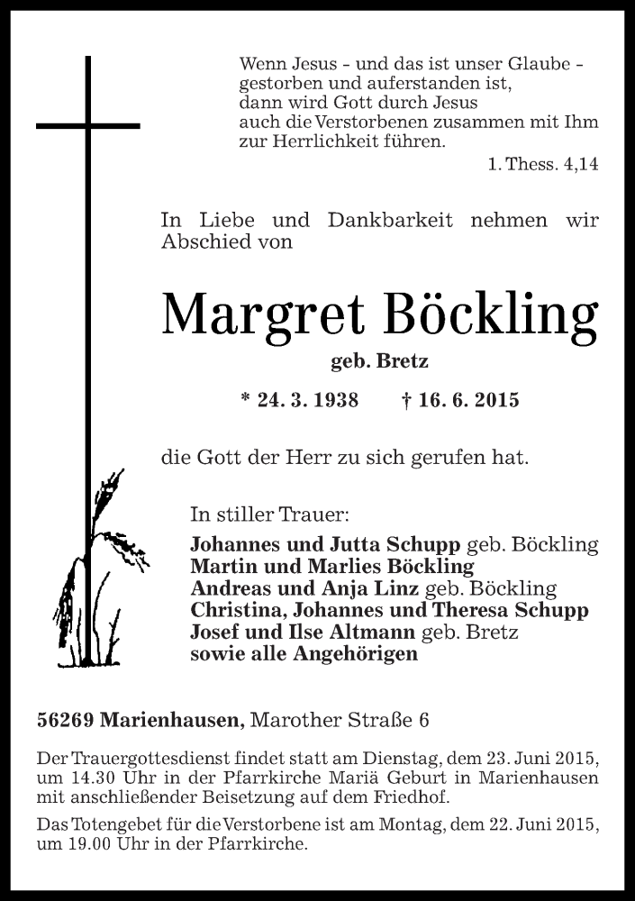 Traueranzeigen von Margret Böckling rz trauer de