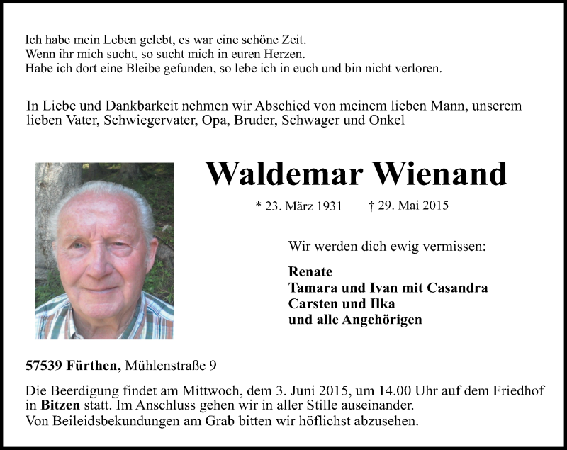 Traueranzeigen Von Waldemar Wienand Rz Trauer De