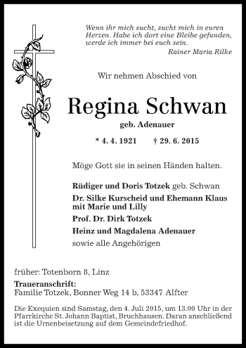 Traueranzeigen Von Regina Schwan Rz Trauer De