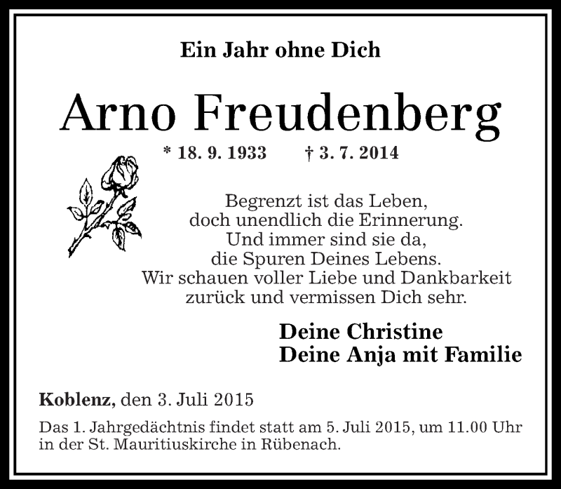 Traueranzeigen Von Arno Freudenberg Rz Trauer De