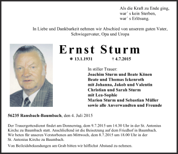 Traueranzeigen Von Ernst Sturm Rz Trauer De