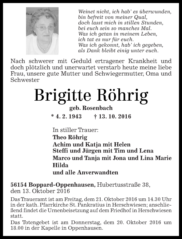 Traueranzeigen von Brigitte Röhrig rz trauer de