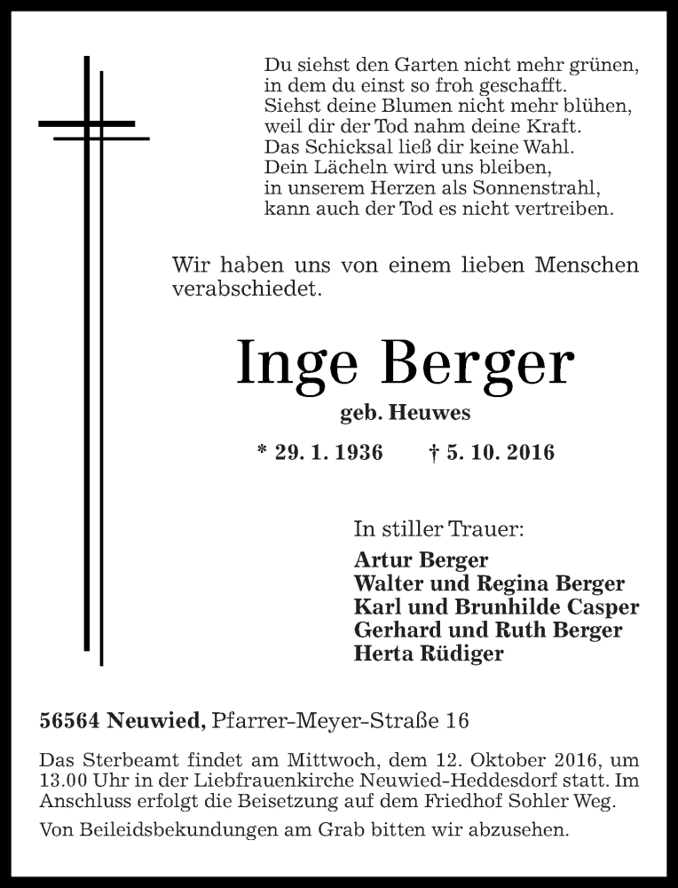 Traueranzeigen Von Inge Berger Rz Trauer De