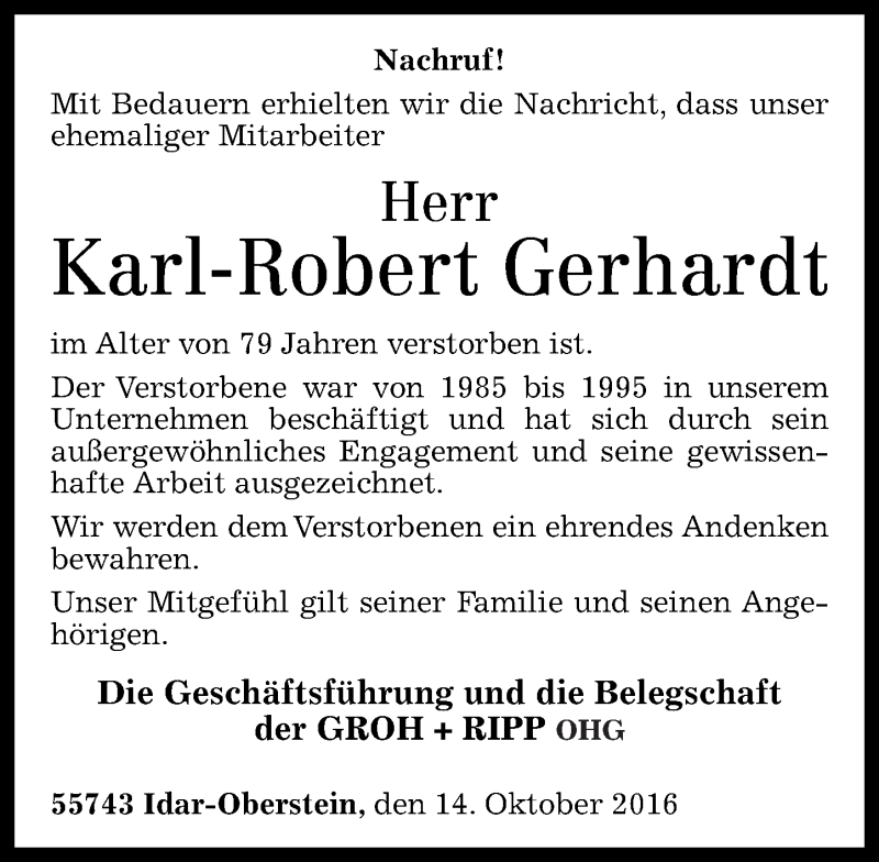 Traueranzeigen Von Karl Robert Gerhardt Rz Trauer De