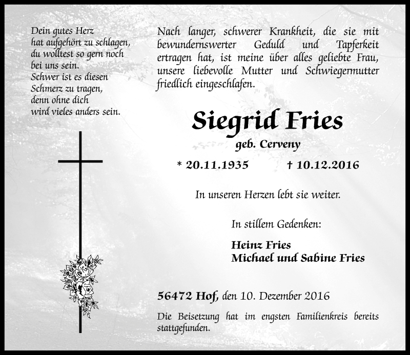 Traueranzeigen Von Siegrid Fries Rz Trauer De