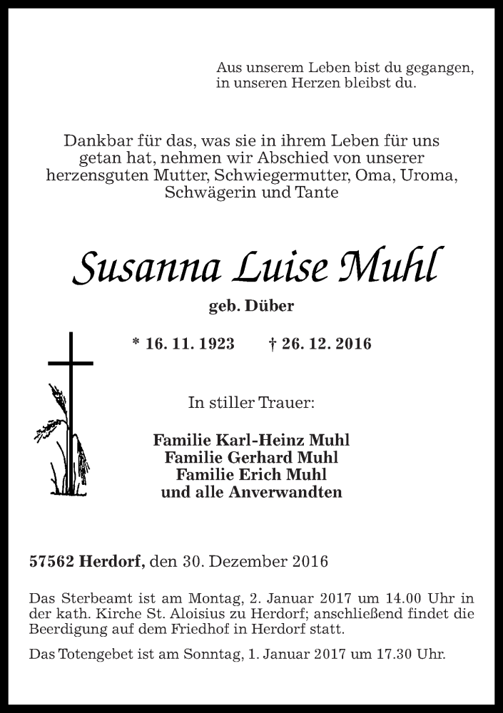 Traueranzeigen Von Susanna Luise Muhl Rz Trauer De