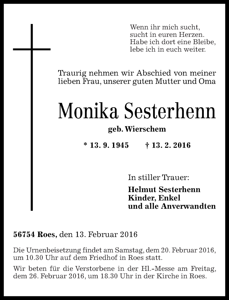 Traueranzeigen Von Monika Sesterhenn Rz Trauer De