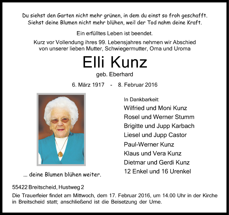 Traueranzeigen Von Elli Kunz Rz Trauer De