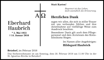 Traueranzeigen Von Eberhard Haubrich Rz Trauer De