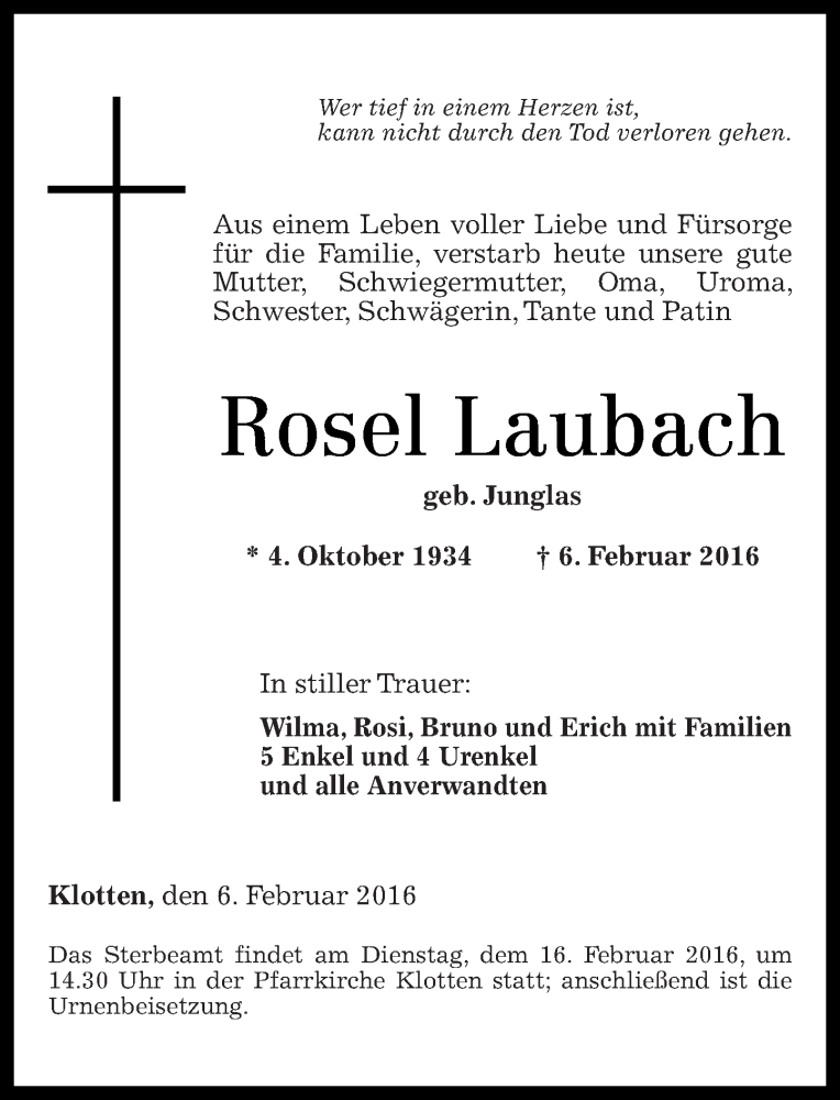 Traueranzeigen Von Rosel Laubach Rz Trauer De