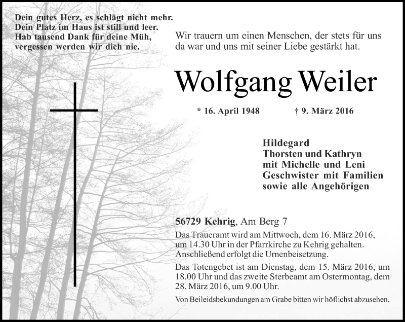 Traueranzeigen Von Wolfgang Weiler Rz Trauer De