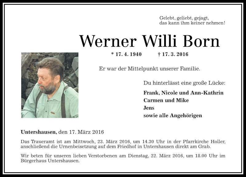 Traueranzeigen Von Werner Willi Born Rz Trauer De