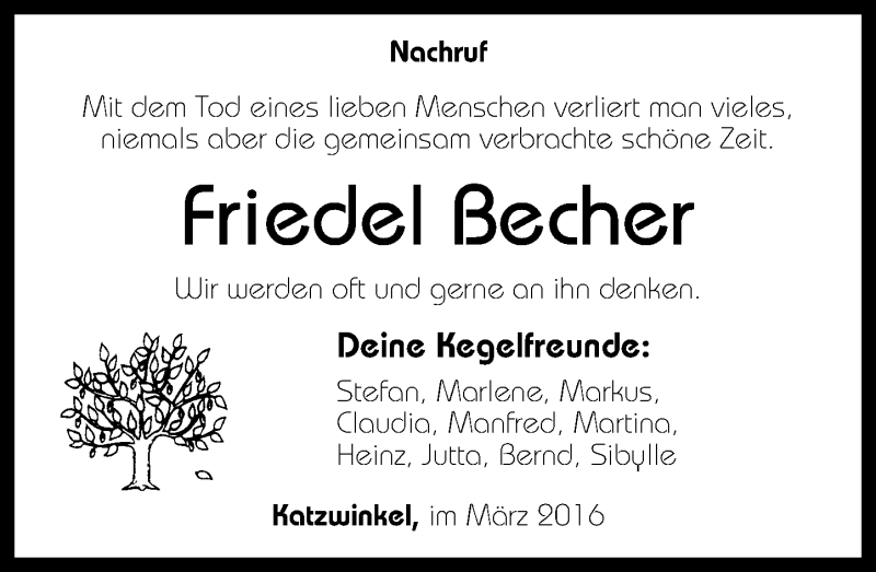 Traueranzeigen Von Friedel Becher Rz Trauer De