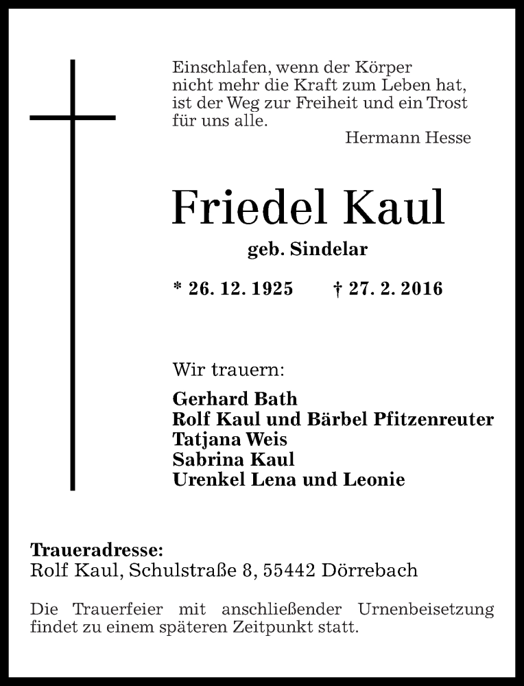 Traueranzeigen Von Friedel Kaul Rz Trauer De