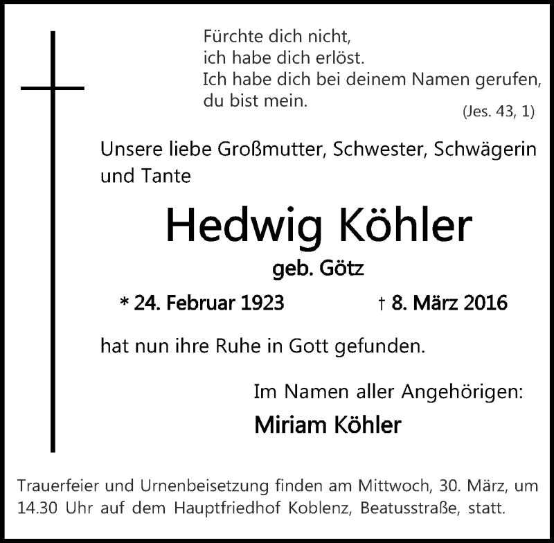 Traueranzeigen Von Hedwig K Hler Rz Trauer De