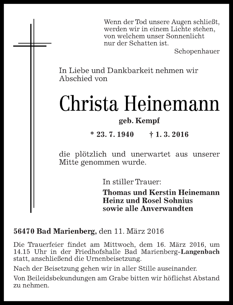 Traueranzeigen Von Christa Heinemann Rz Trauer De