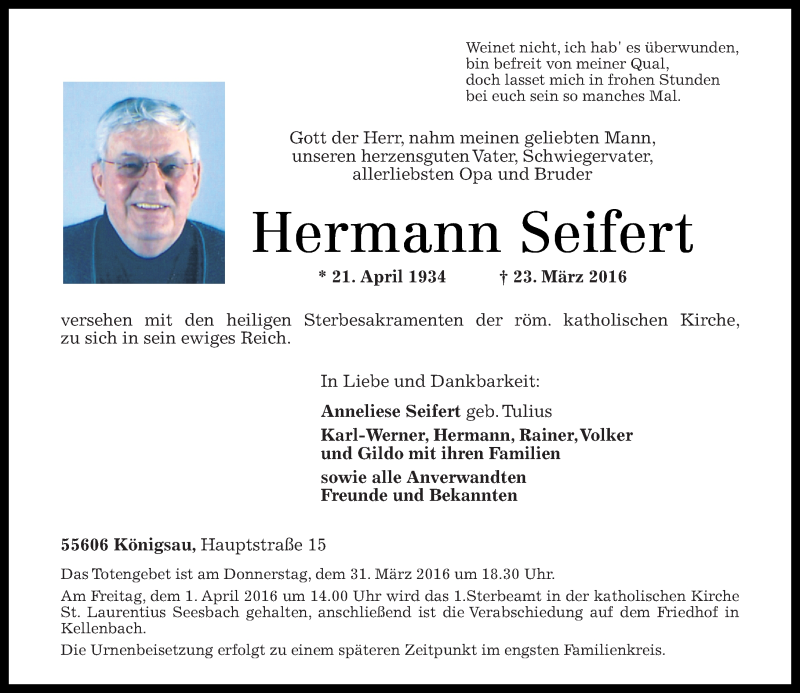 Traueranzeigen Von Hermann Seifert Rz Trauer De