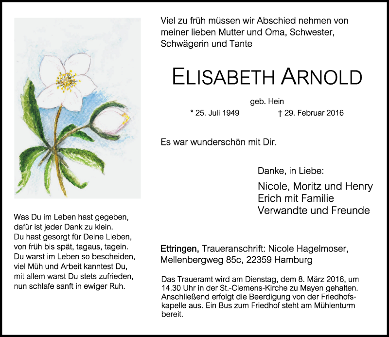 Traueranzeigen Von Elisabeth Arnold Rz Trauer De