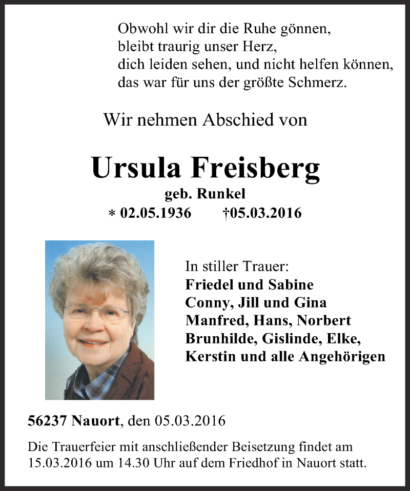 Traueranzeigen Von Ursula Freisberg Rz Trauer De