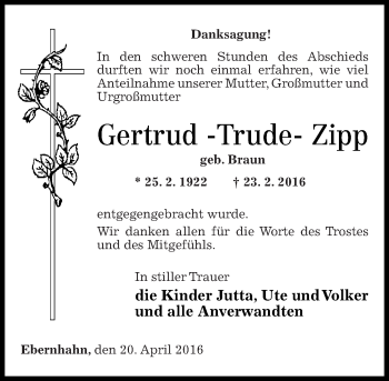 Traueranzeigen Von Gertrud Zipp Rz Trauer De