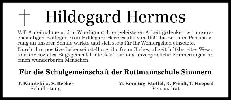 Traueranzeigen Von Hildegard Hermes Rz Trauer De