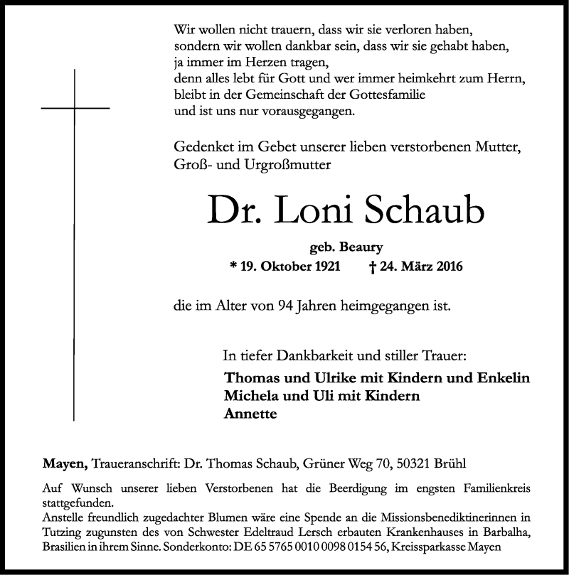 Traueranzeigen Von Loni Schaub Rz Trauer De