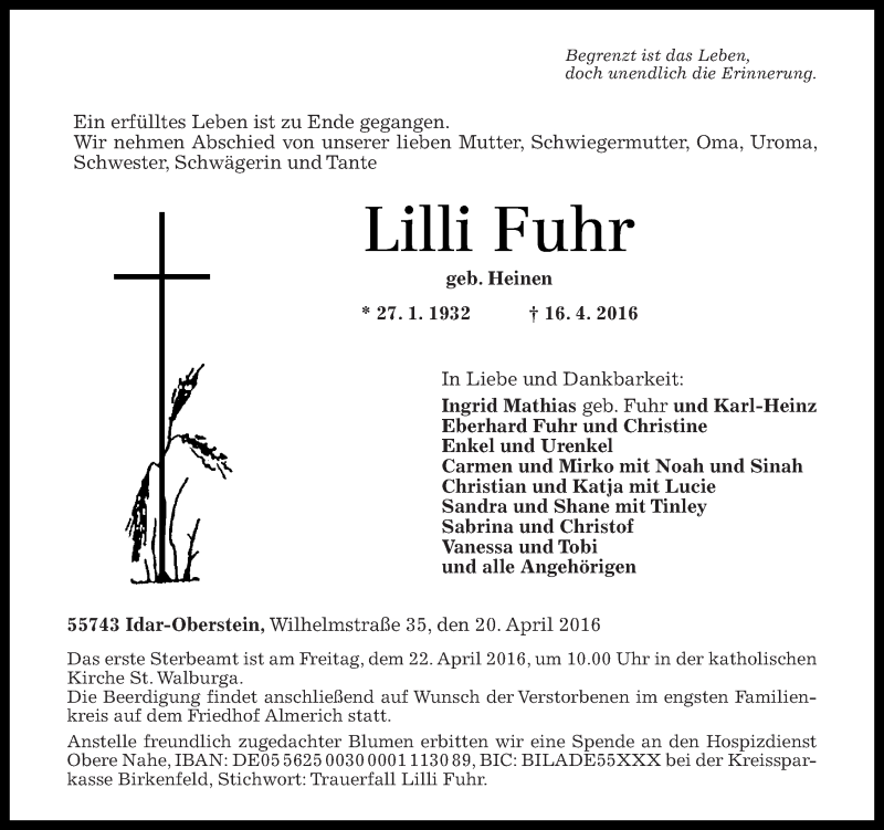 Traueranzeigen Von Lilli Fuhr Rz Trauer De