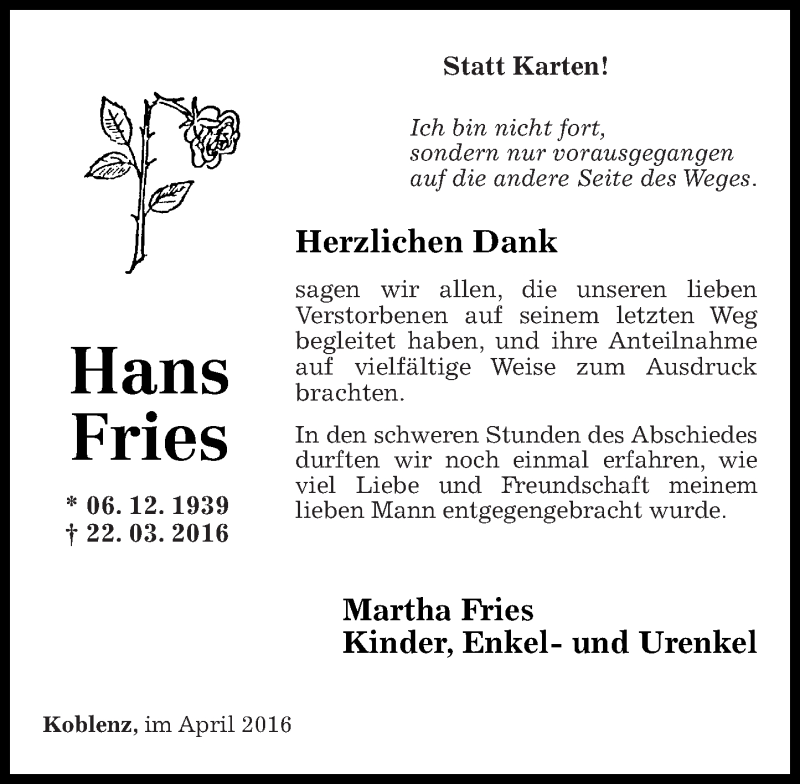 Traueranzeigen Von Hans Fries Rz Trauer De