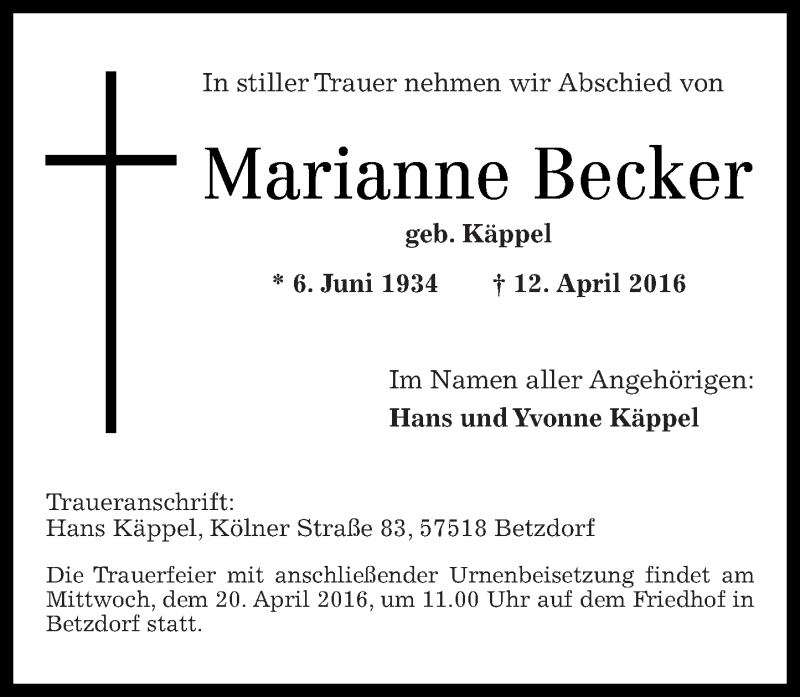 Traueranzeigen Von Marianne Becker Rz Trauer De