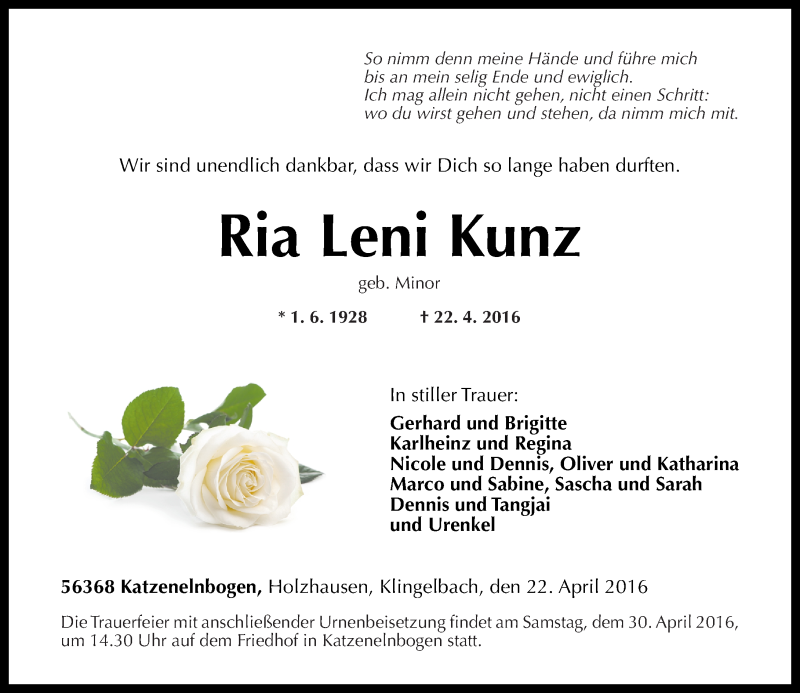 Traueranzeigen Von Ria Leni Kunz Rz Trauer De