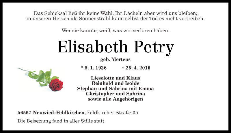 Traueranzeigen Von Elisabeth Petry Rz Trauer De