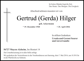 Traueranzeigen Von Gertrud Hilger Rz Trauer De