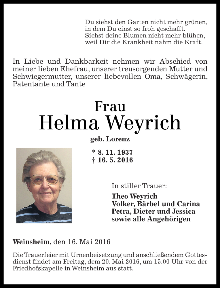 Traueranzeigen Von Helma Weyrich Rz Trauer De