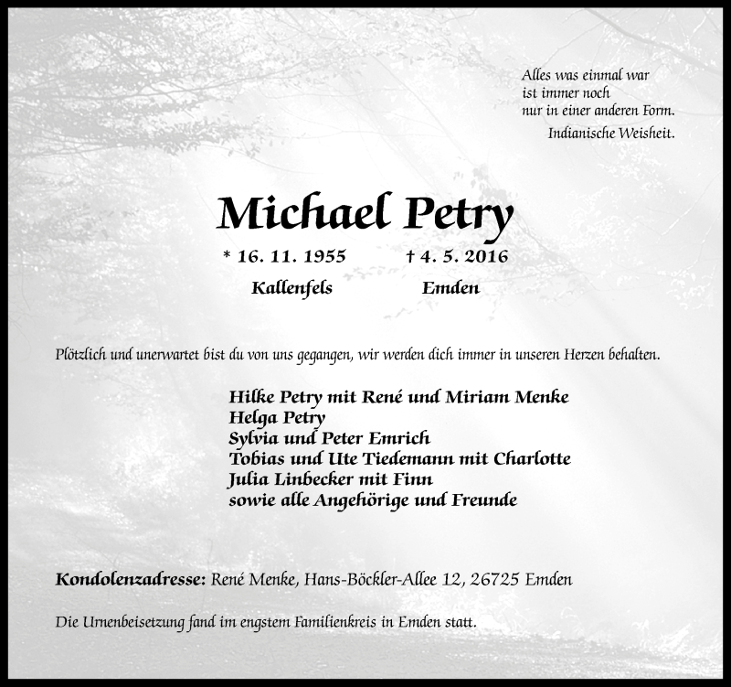 Traueranzeigen Von Michael Petry Rz Trauer De